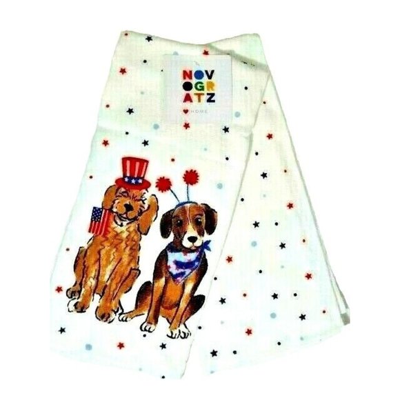 Novogratz Patriotic Dogs 2 Kitchen Towels Flag Scarf Hat Red White Blue Stars - Picture 1 of 3